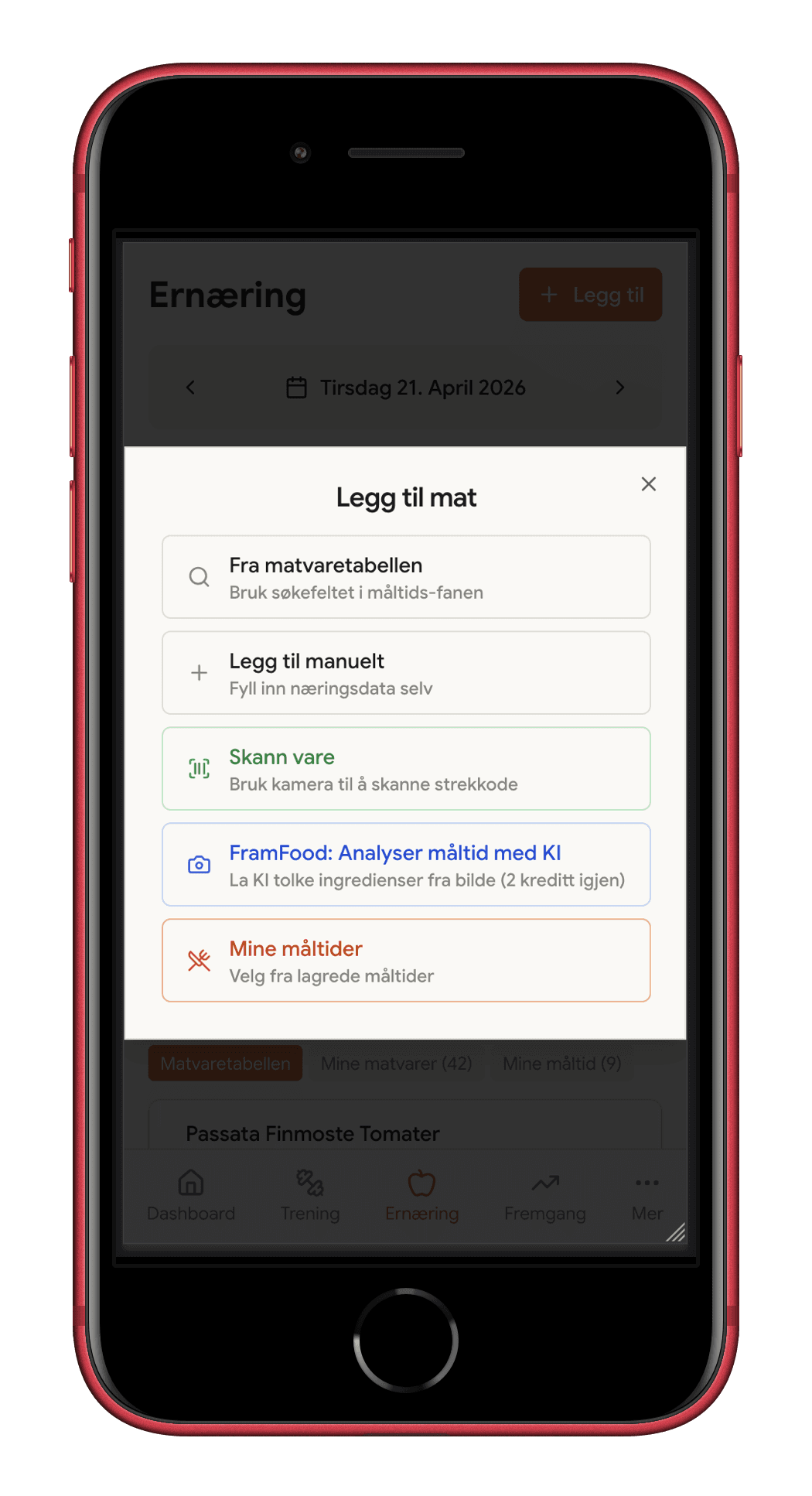 Framvei: Legg til mat-meny